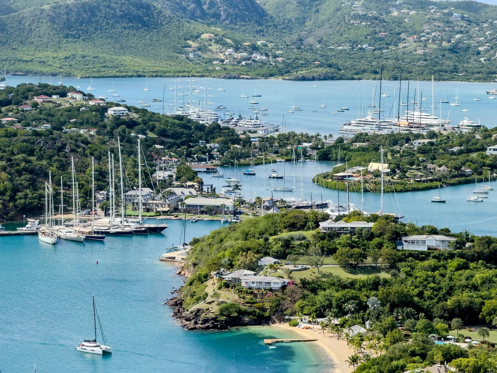 Yachts moored in English Harbour, Antigua, seen from the surrounding hills