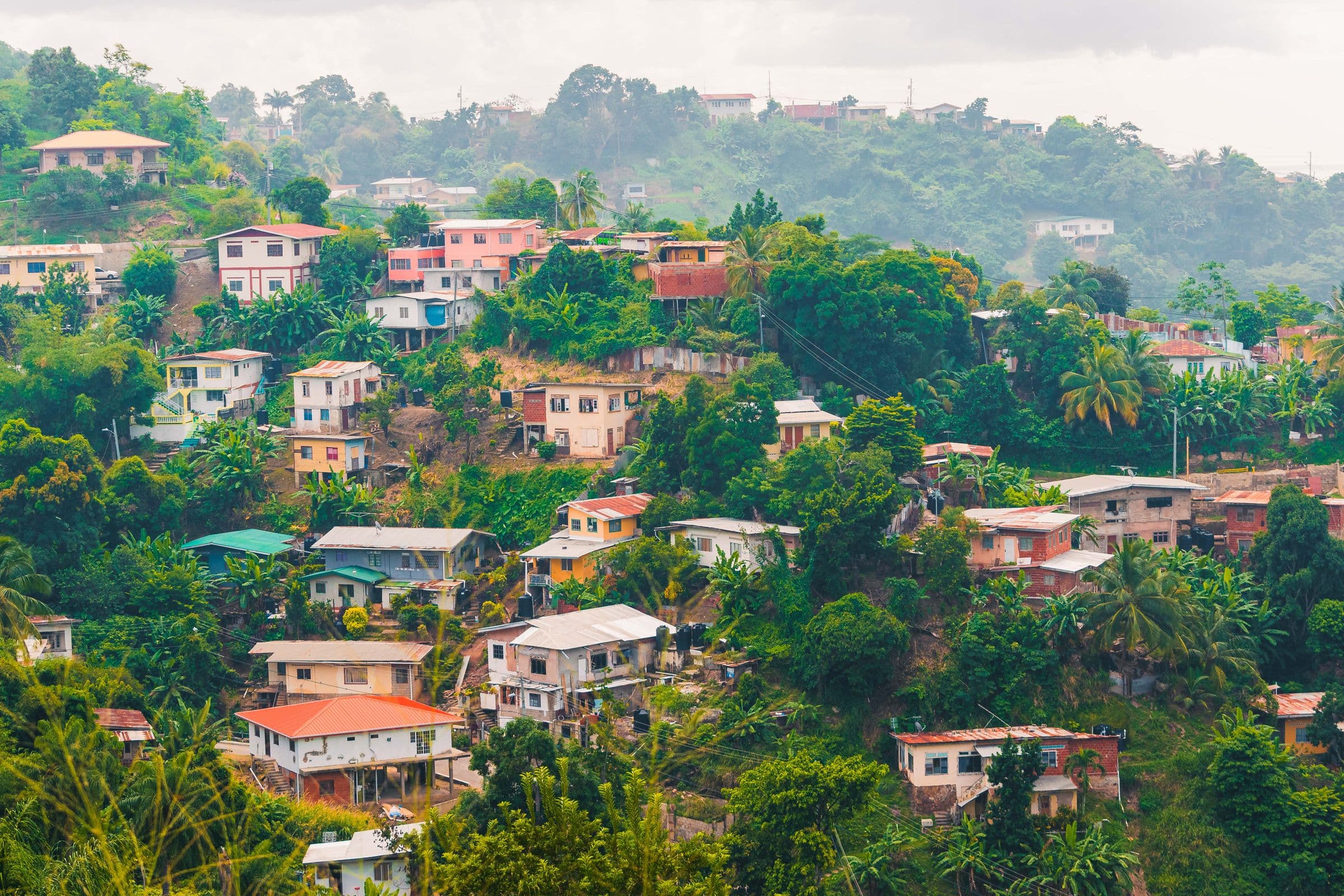 Colourful hillside homes among green trees above Port of Spain
