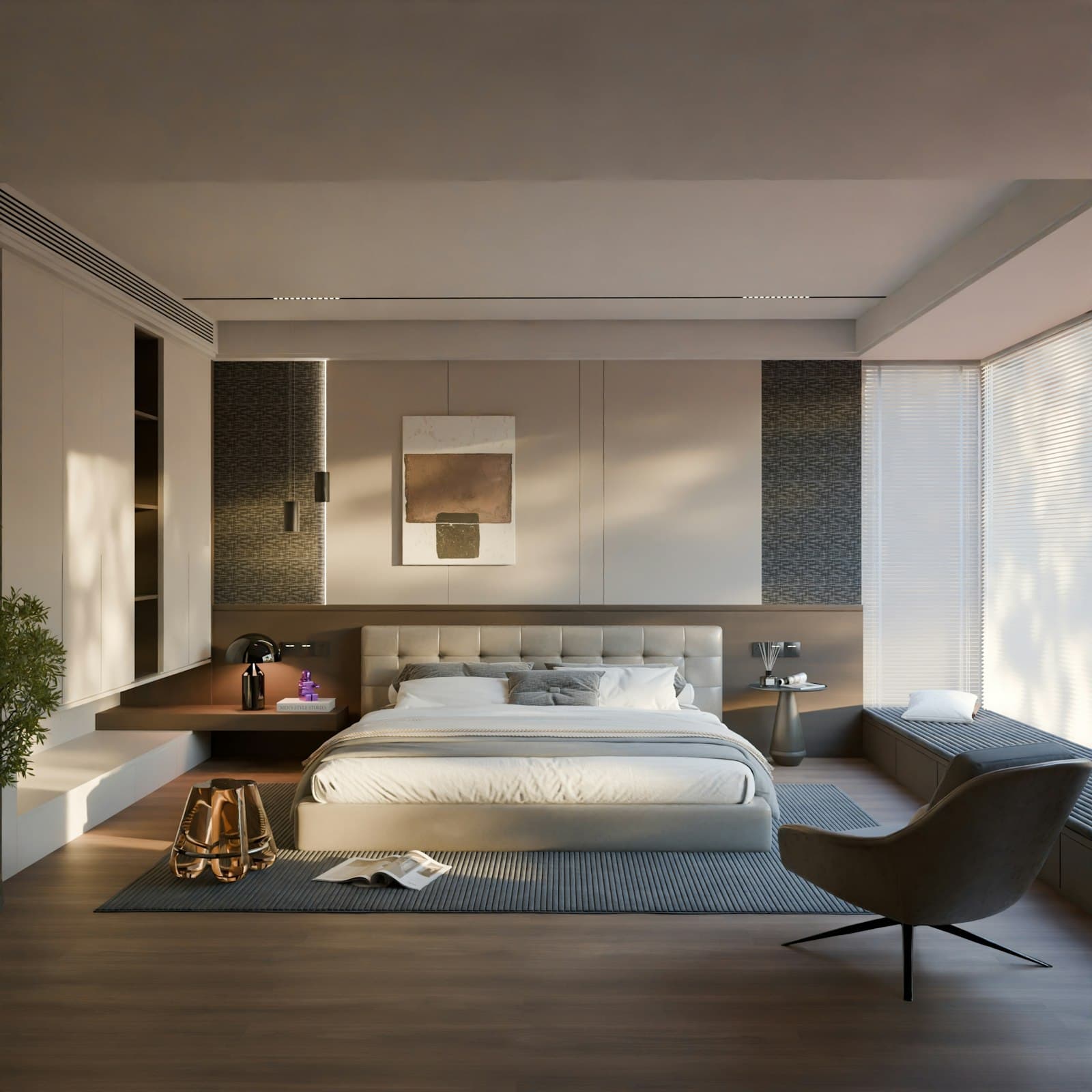 Illustrative image: bedroom with a king bed and modern furniture