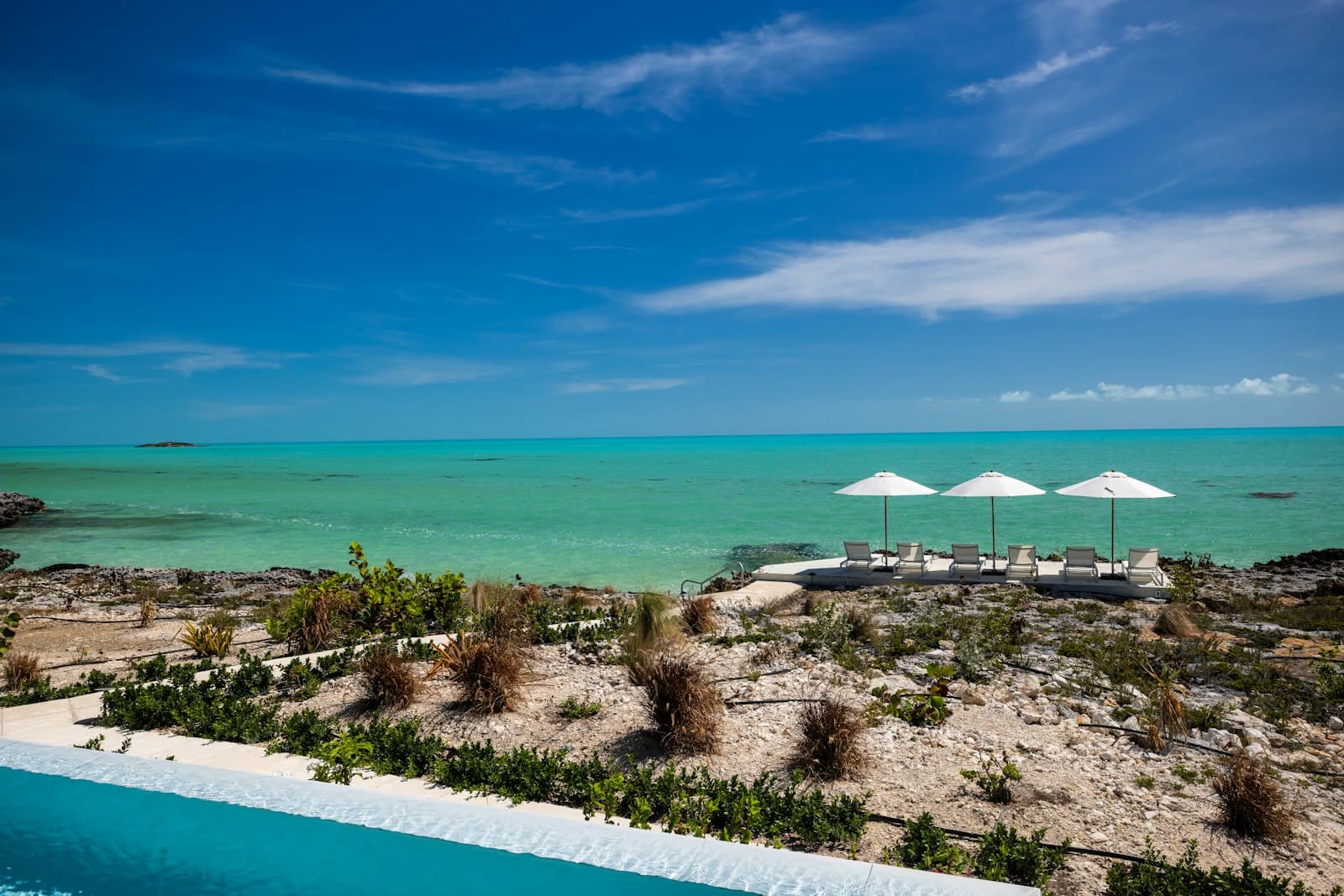 Illustrative image: loungers and umbrellas by clear water